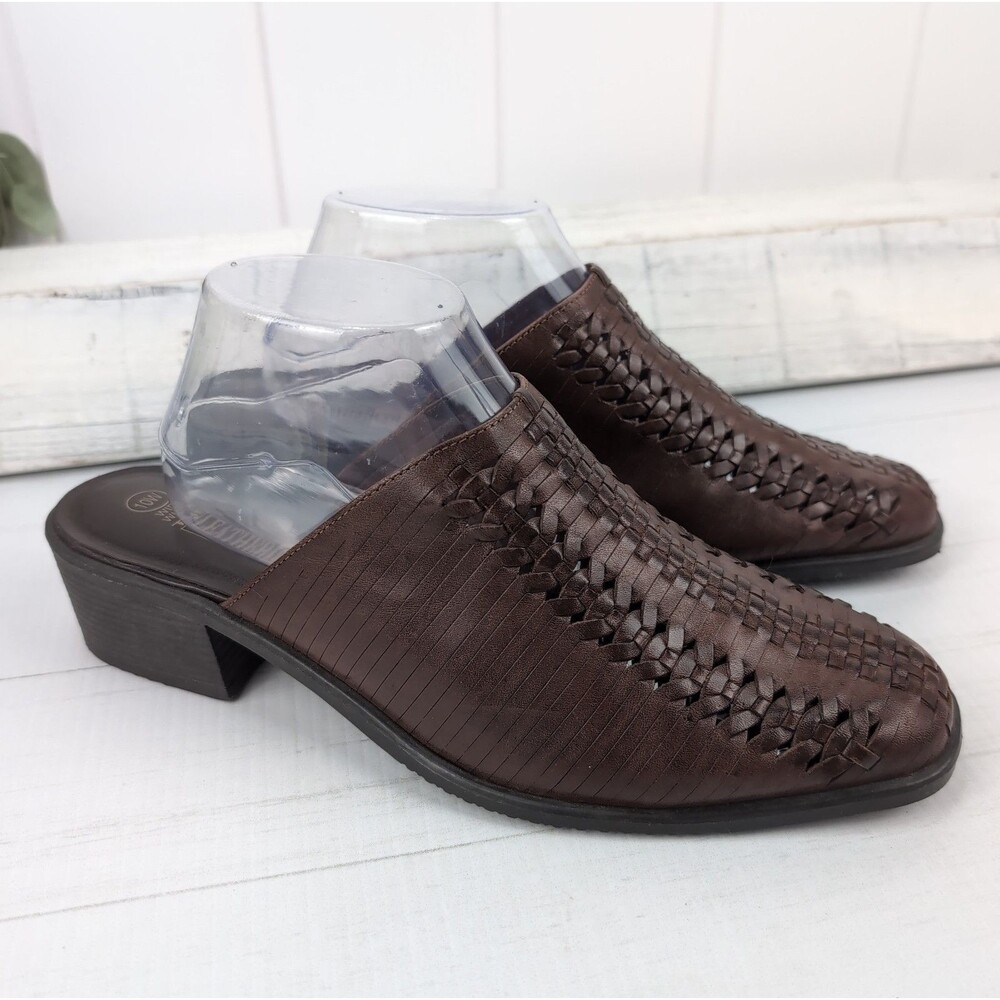 Vintage Y2K Leather Collection Brown Woven Mules Boho Slip On Shoes Size 10 Wide